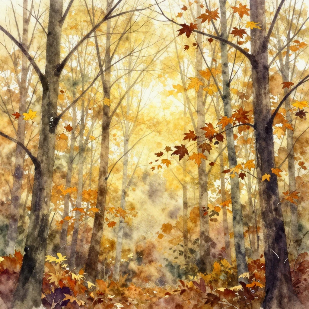 A vibrant watercolor painting of an autumnal forest. Bare tr...