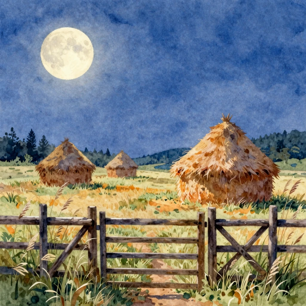 Vibrant watercolor style. A serene summer night landscape wi...