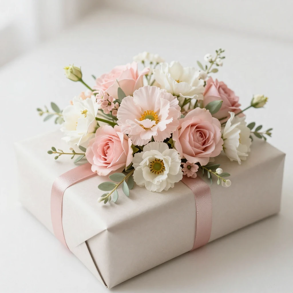 A delicate floral arrangement or a beautifully wrapped gift ...