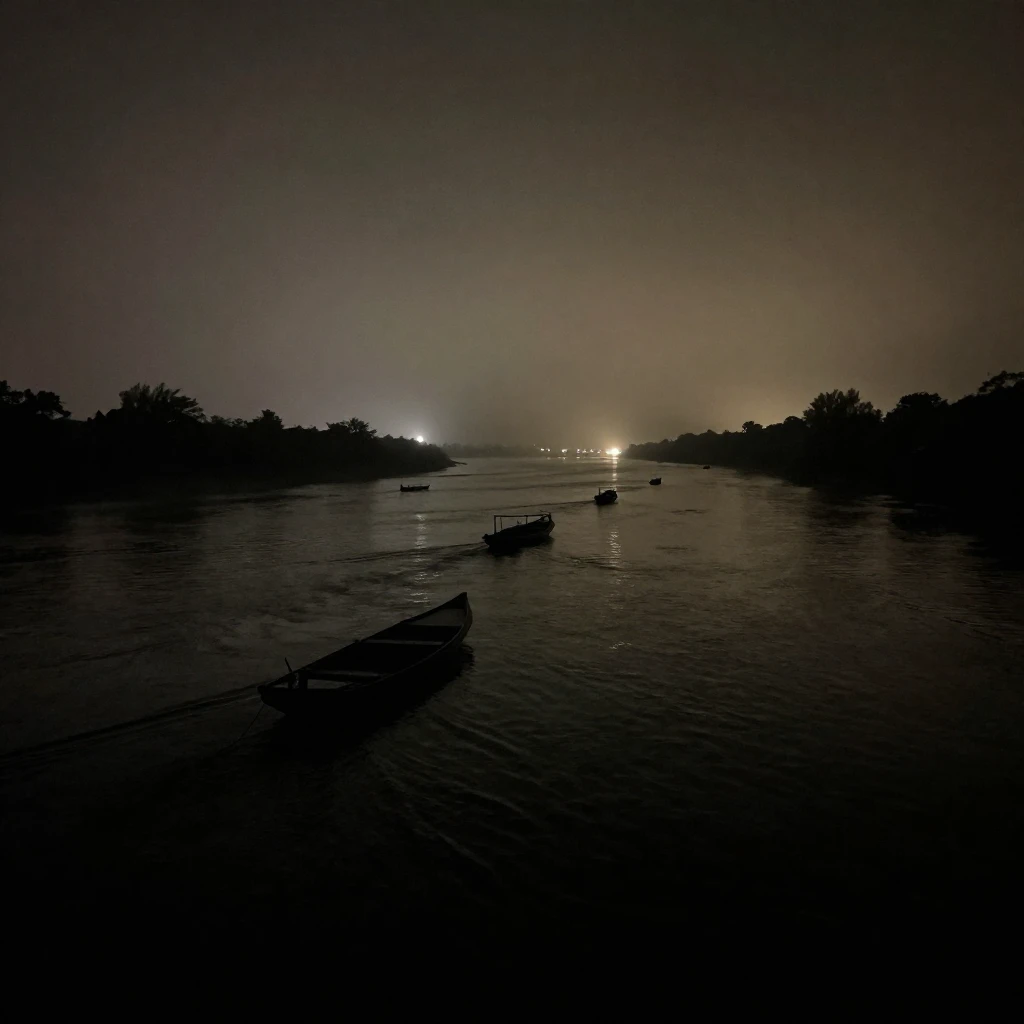 A dark, moody river landscape at night, with silhouettes of ...