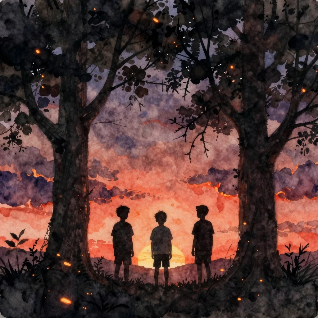 Watercolor painting of dark silhouettes of young boys transf...