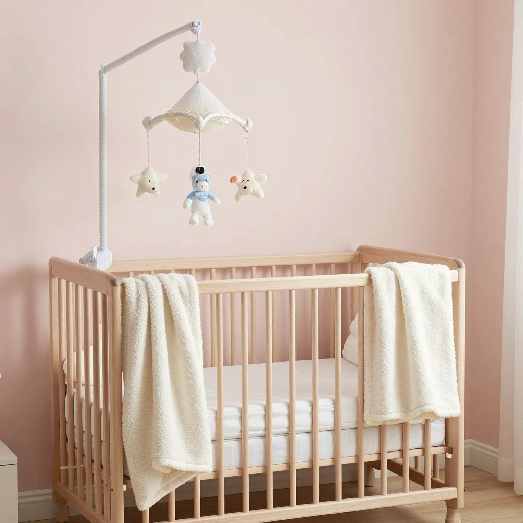 A soft pastel nursery room with a wooden crib, gentle light,...