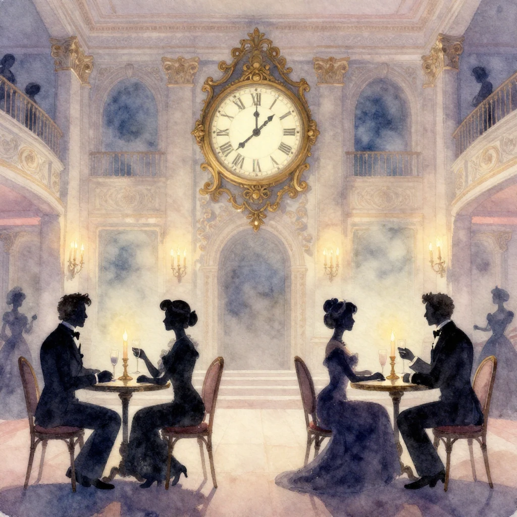 Watercolor painting of an elegant 19th-century ballroom, fea...