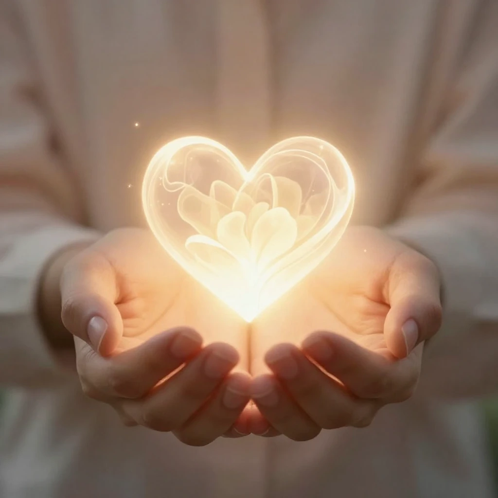 A person's hands gently holding a small, glowing, abstract r...