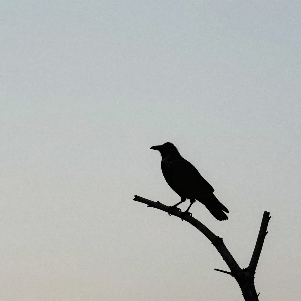 A stark silhouette of a single bird, perhaps a raven or a do...