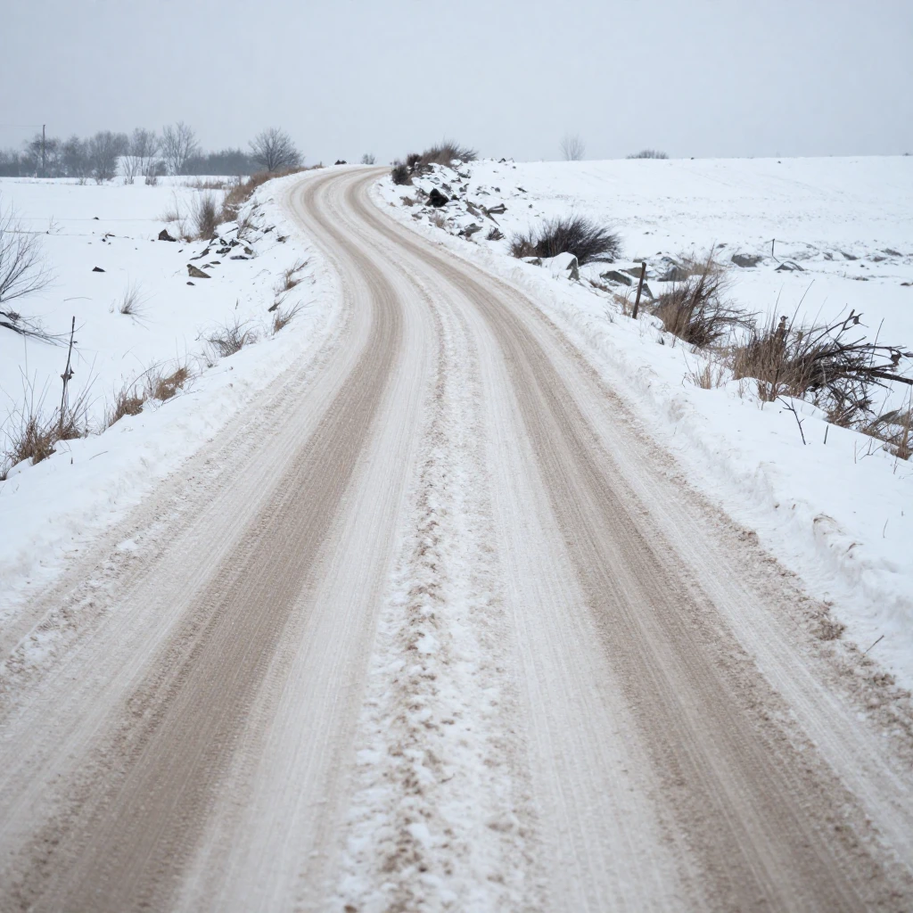 A winding, snow-covered dirt road in a melancholic, rustic w...