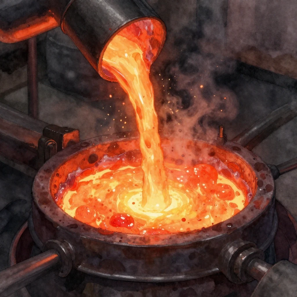 A close-up watercolor painting of molten metal glowing inten...