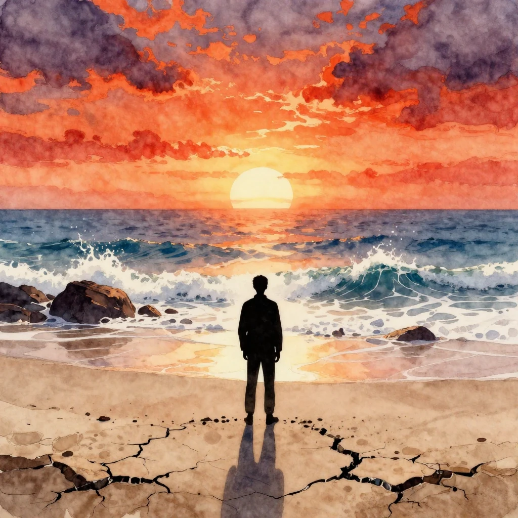 A lone silhouette stands on a desolate beach at sunset, gazi...