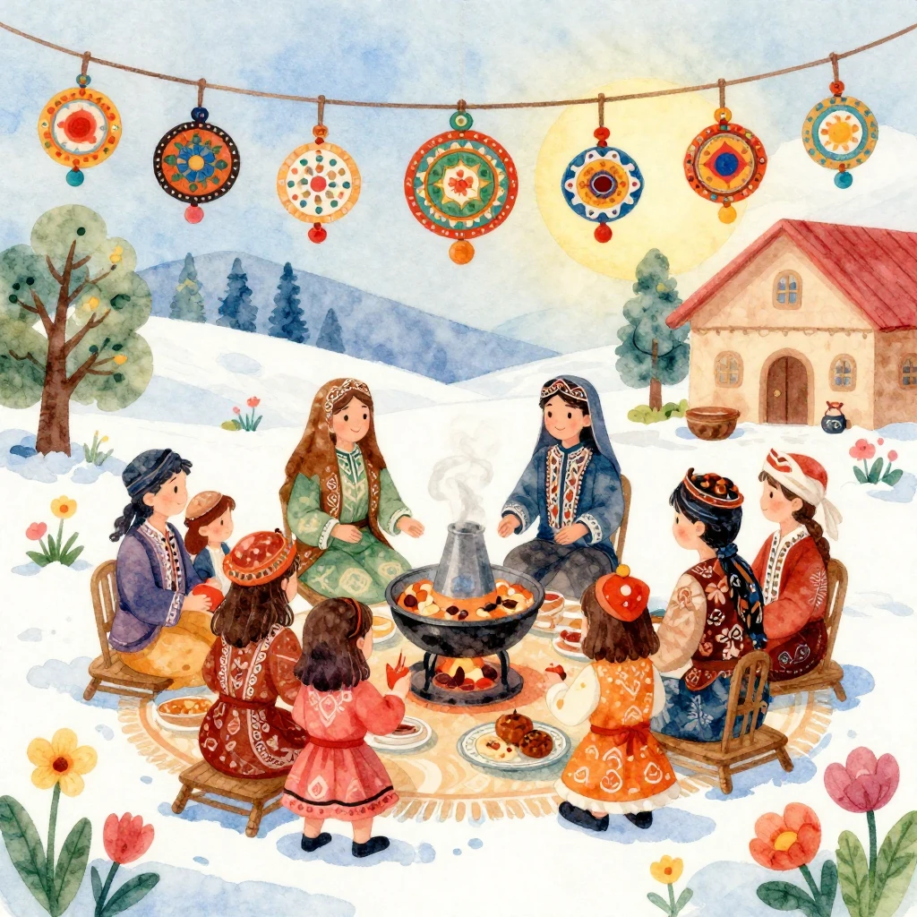 A vibrant watercolor illustration of a Nauryz celebration sc...
