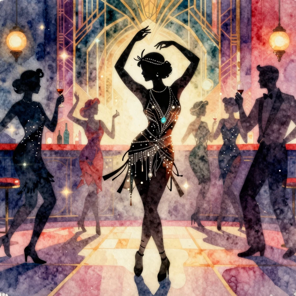 Vibrant watercolor style. Electro Swing party, 1920s speakea...