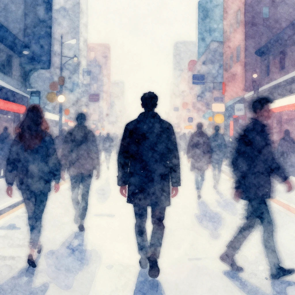 A lone, blurred silhouette standing amidst motionless figure...