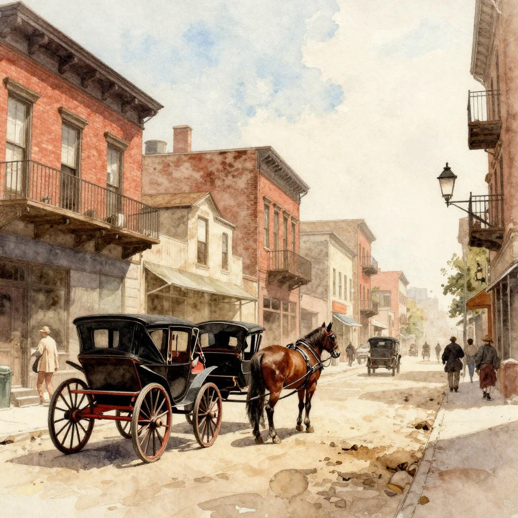 Vibrant watercolor style. 19th-century New York street scene...