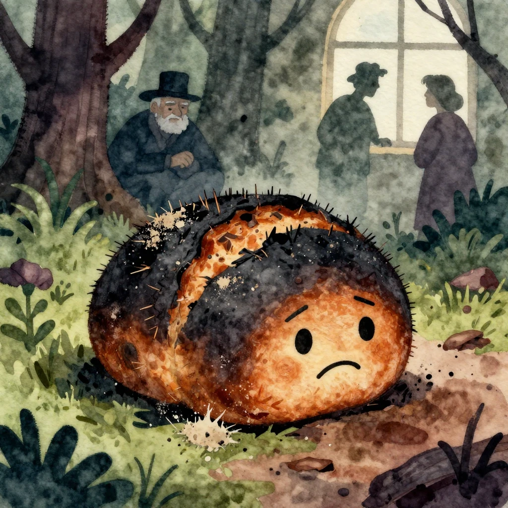 Vibrant watercolor style. A burnt, black, round bread roll w...