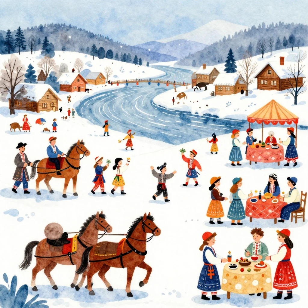 Vibrant watercolor style. Vibrant folk art illustration of a...