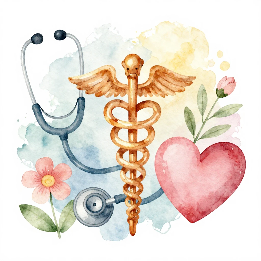 A serene watercolor illustration of diverse medical symbols ...