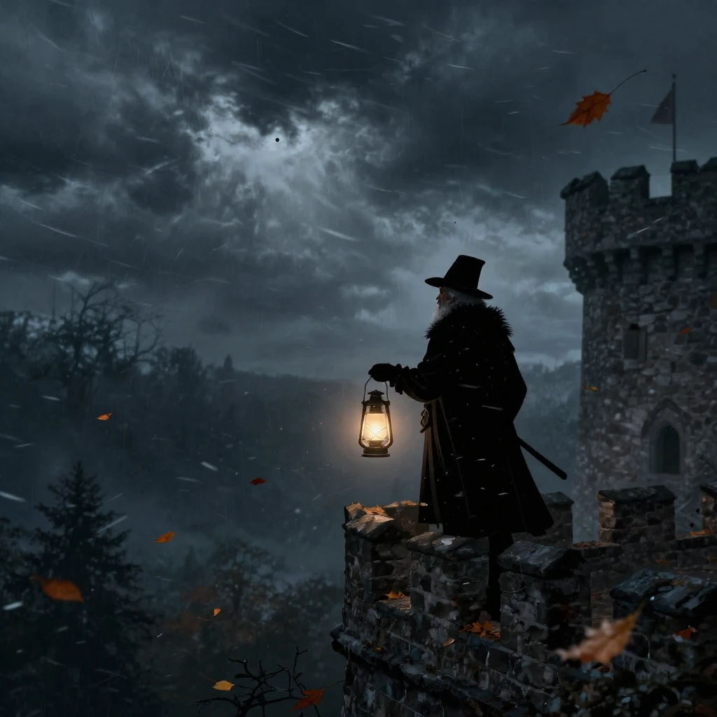 A lone silhouette of an old baron on a castle wall, holding ...