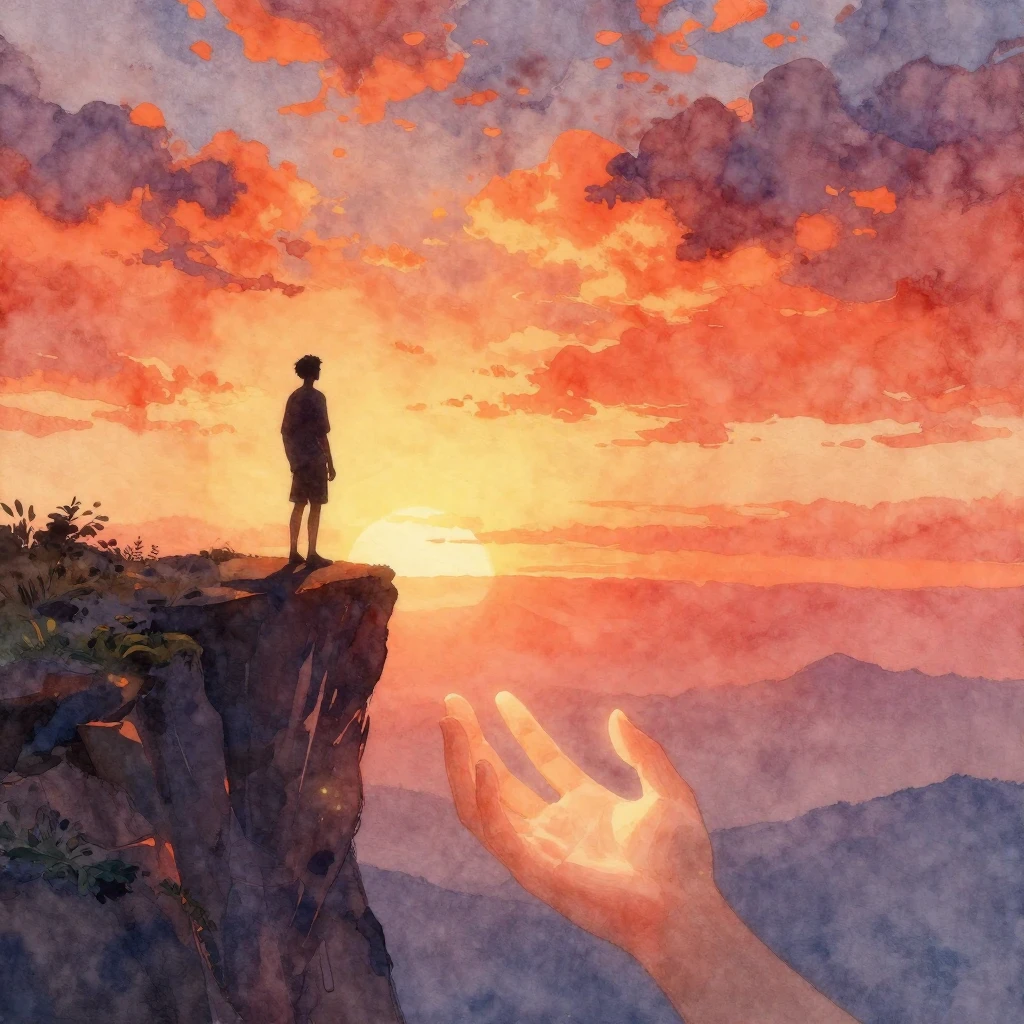 A vibrant watercolor painting depicting a silhouette of a pe...