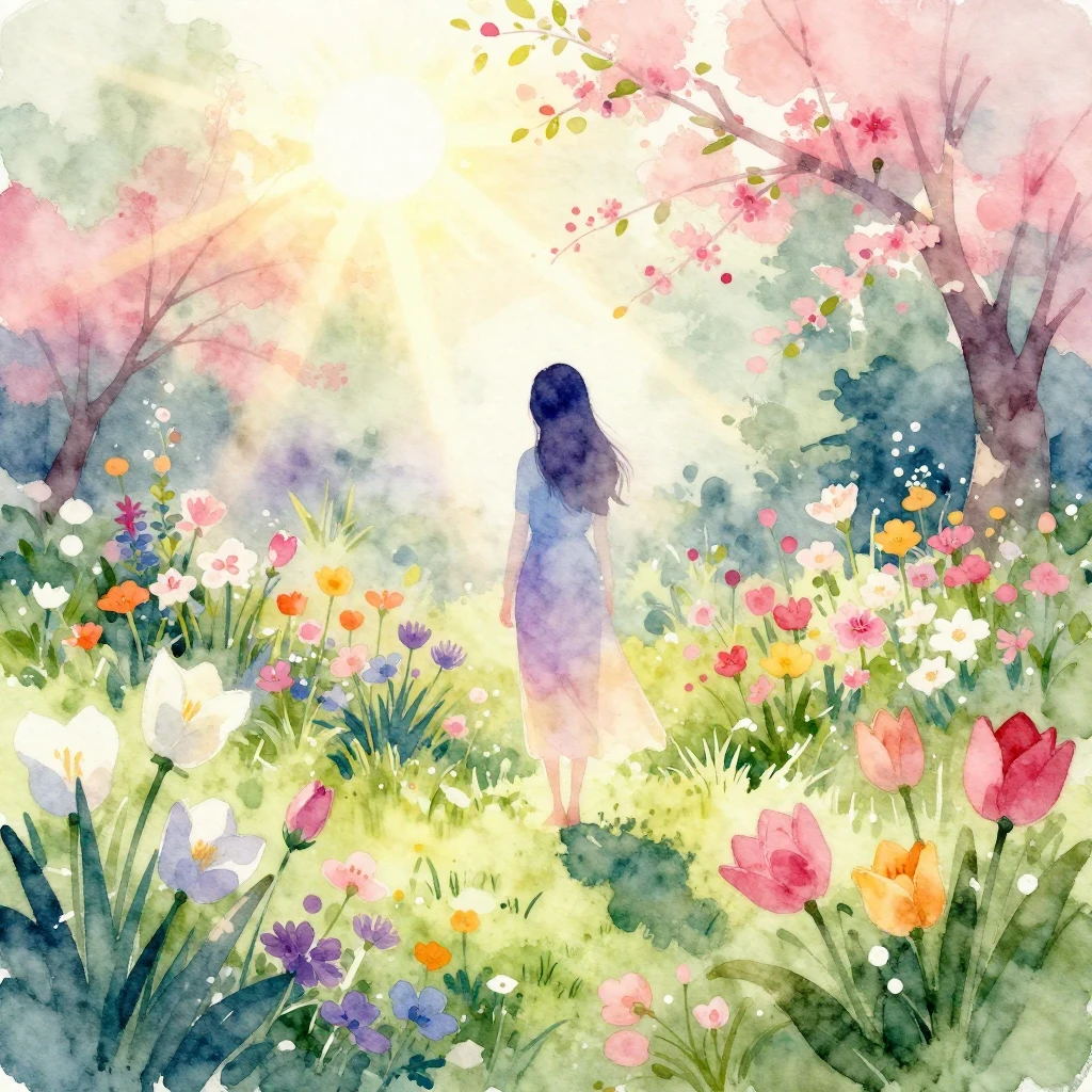 Watercolor painting of a vibrant spring garden with various ...