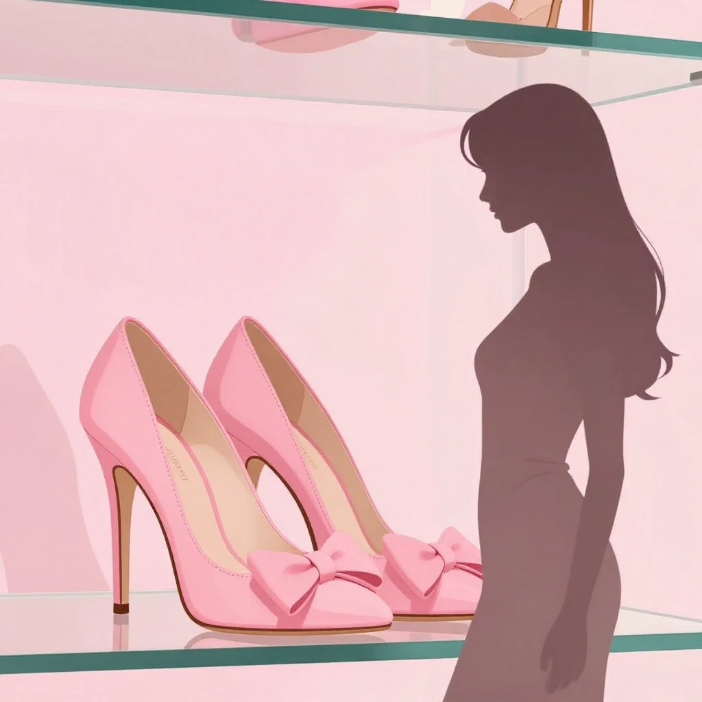 A pair of elegant high-heeled shoes with pink bows on a glas...