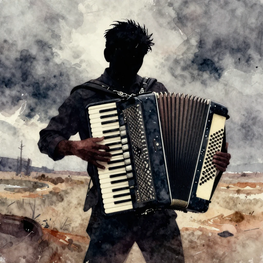 A silhouetted figure, possibly a man, playing an accordion i...