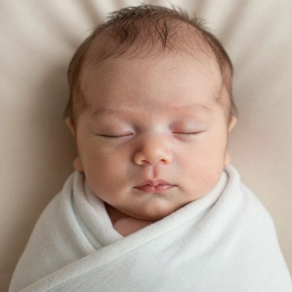 A close-up of a sleeping newborn baby, wrapped in a soft bla...