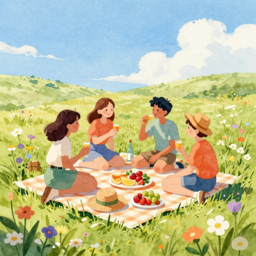 A vibrant watercolor painting of friends enjoying a summer p...