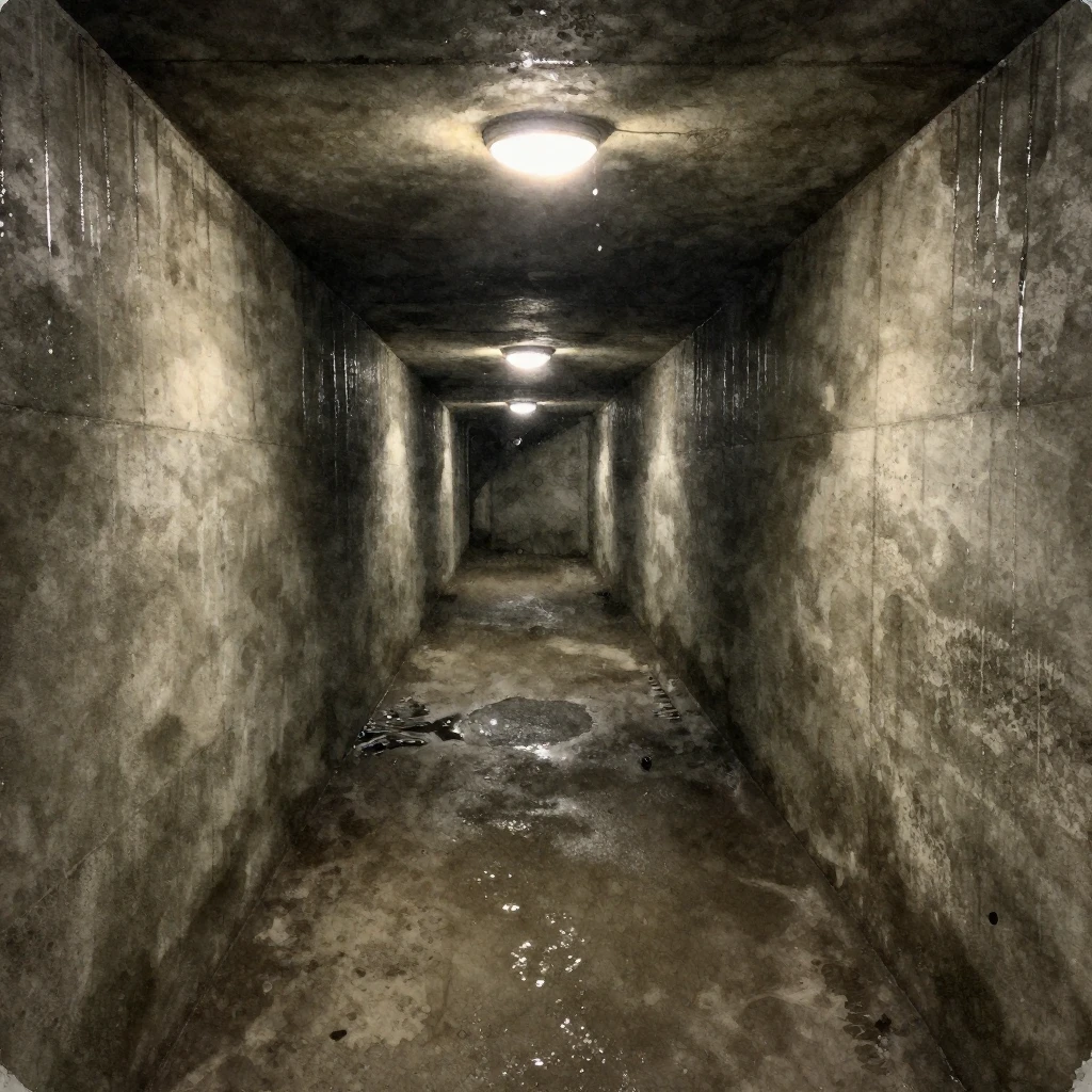 A dark, damp sewer tunnel with concrete walls, dripping wate...