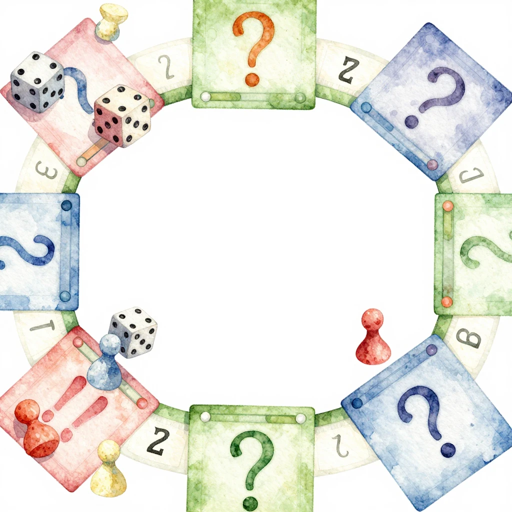 Watercolor illustration of quiz board game elements like dic...