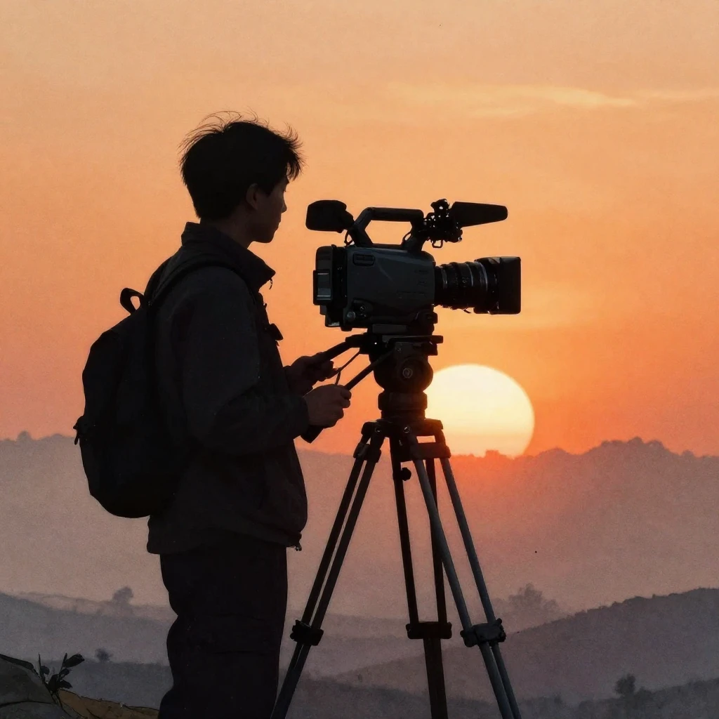 A dark silhouette of a person holding a professional video c...