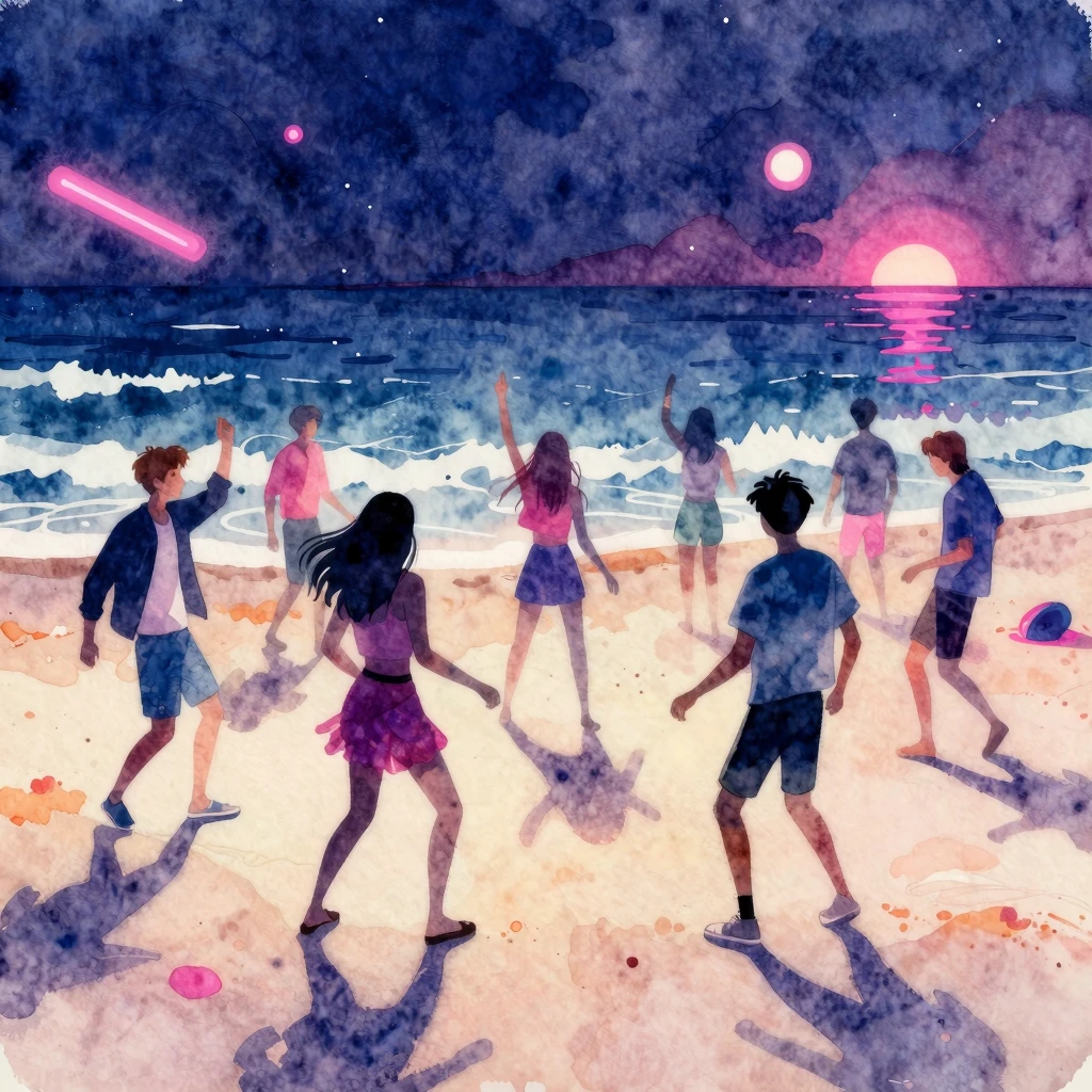 Vibrant watercolor style K-Pop beach party at night, with ne...