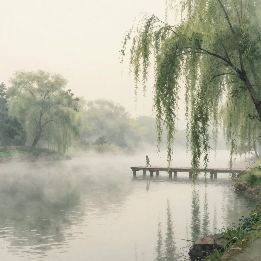 A serene, misty riverside landscape at dawn, with weeping wi...