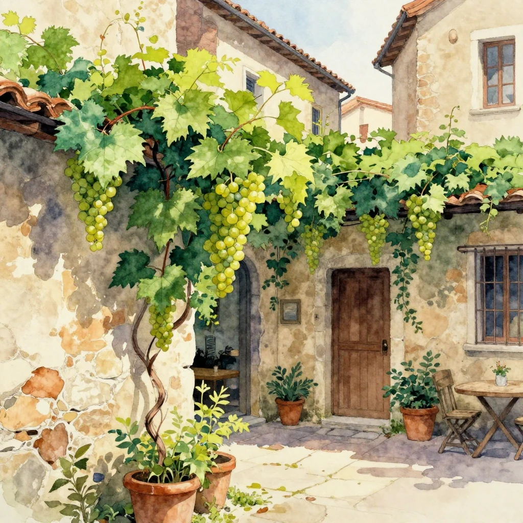 A vibrant watercolor painting of wild grapes climbing old, t...