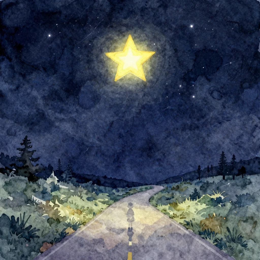 Vibrant watercolor style. A lone star shining brightly in a ...