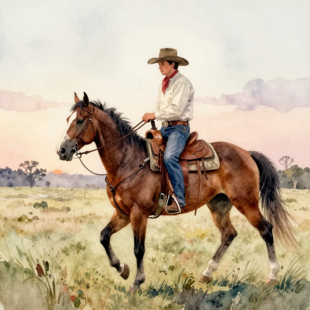 A watercolor painting of a cowboy riding a horse across an o...