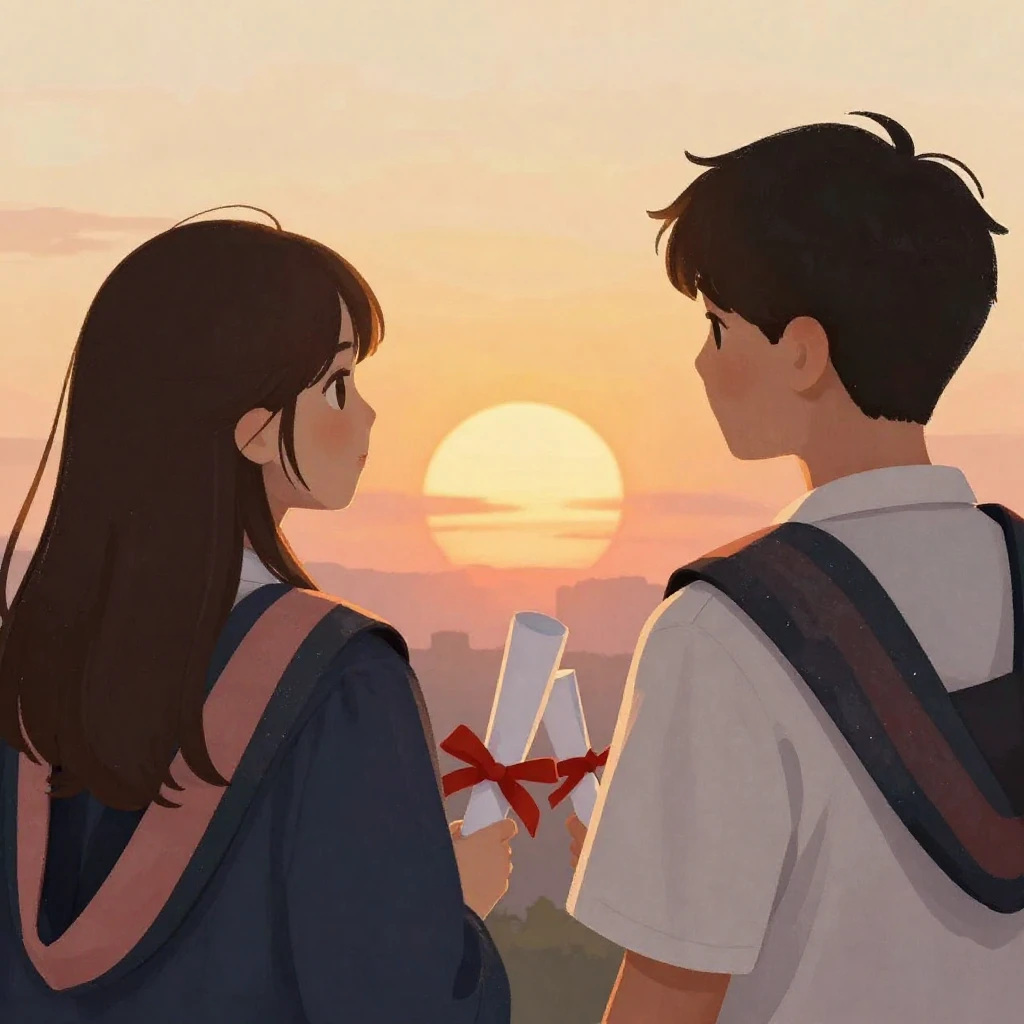 A warm, artistic illustration of two friends silhouetted aga...