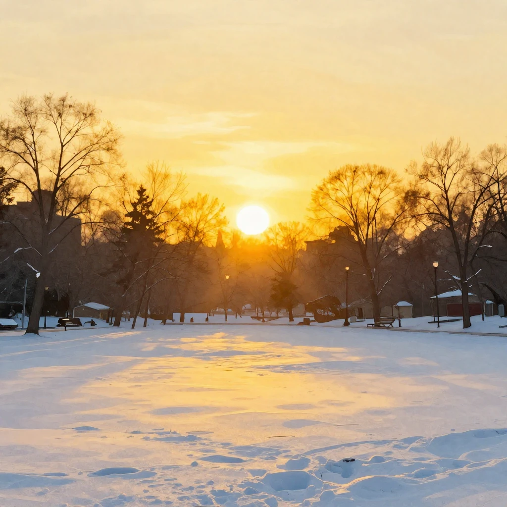 A golden sunset over a snowy park, minimalist pop art style,...