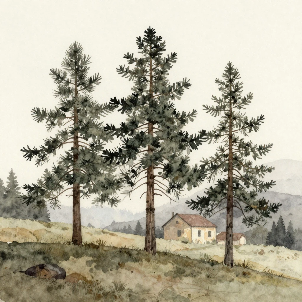 A serene landscape featuring three prominent pine trees on a...
