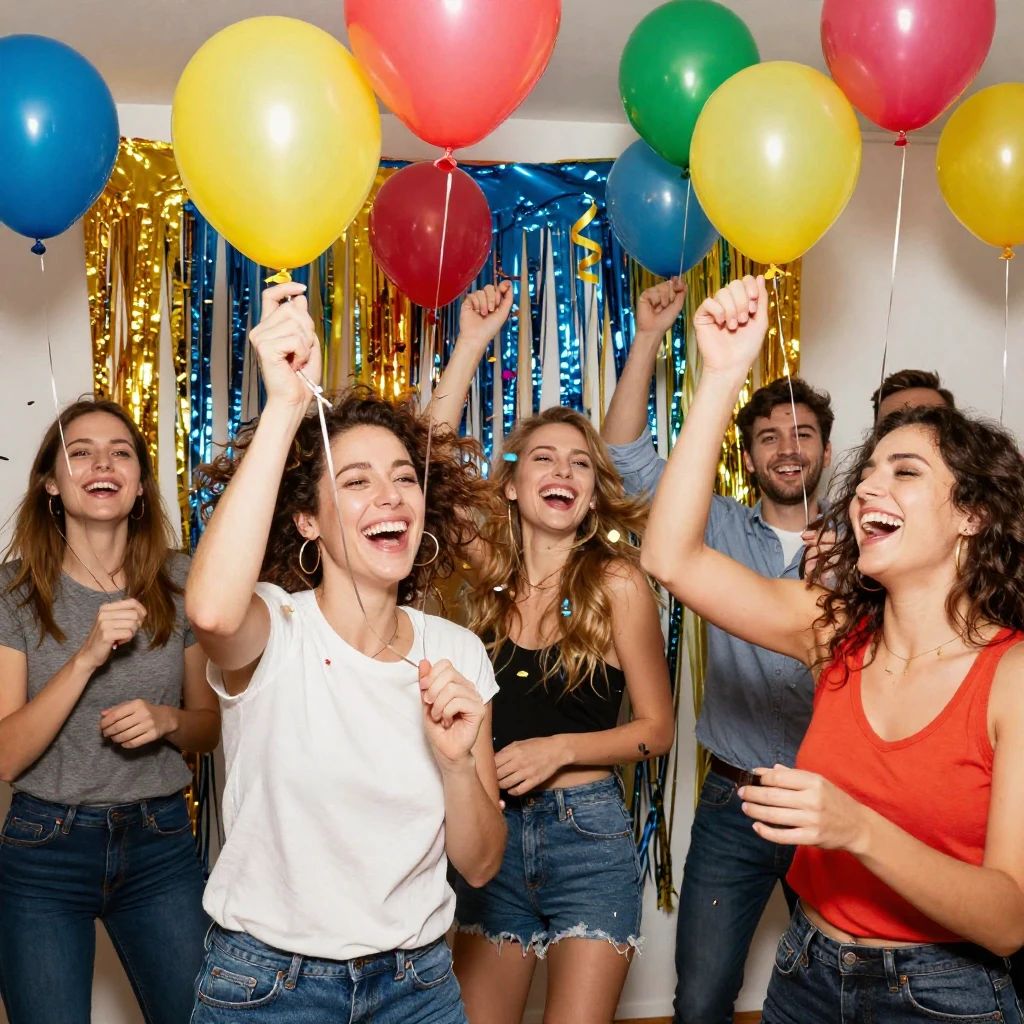 A lively party scene with balloons, confetti, streamers, peo...