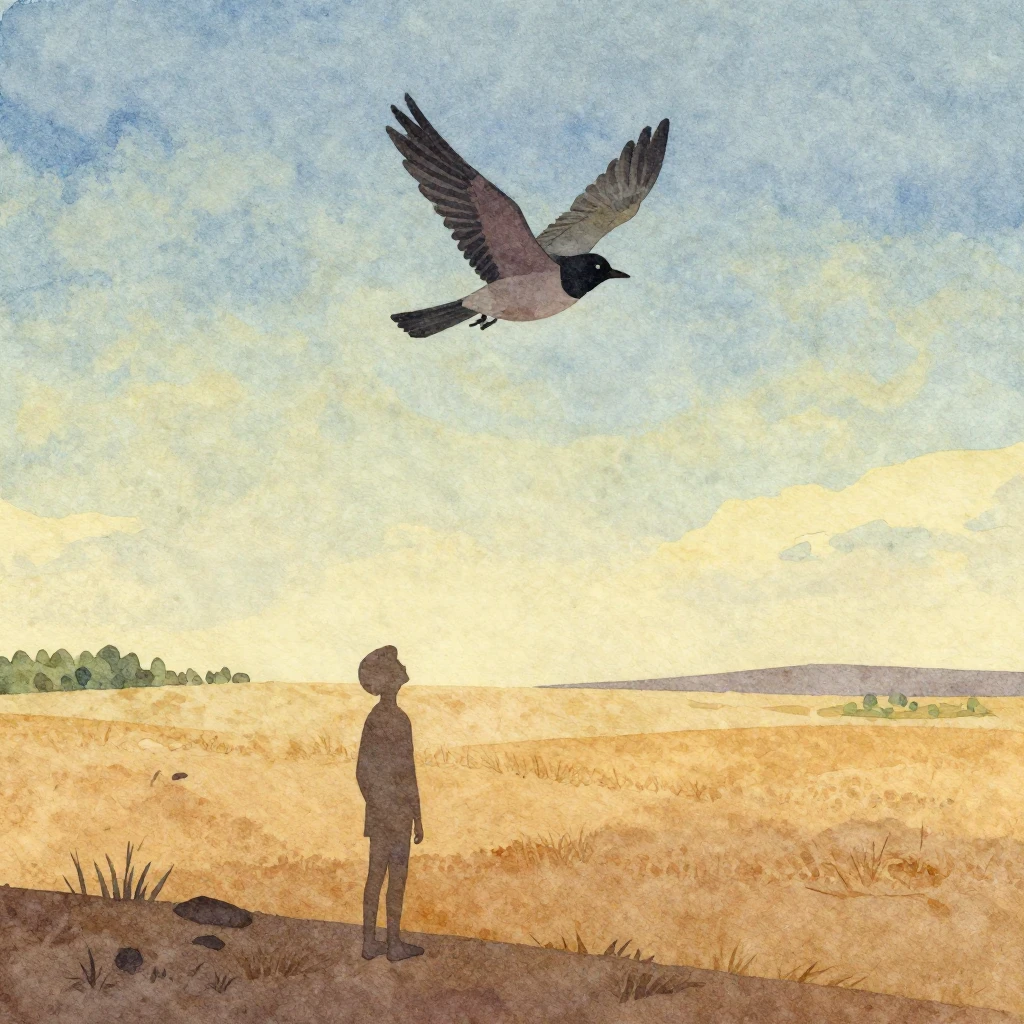 Vibrant watercolor style. A lone bird soaring high above a v...