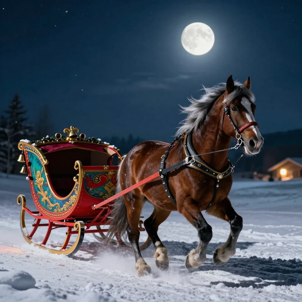 A vibrant, ornate sleigh with jingling bells, pulled by a ma...