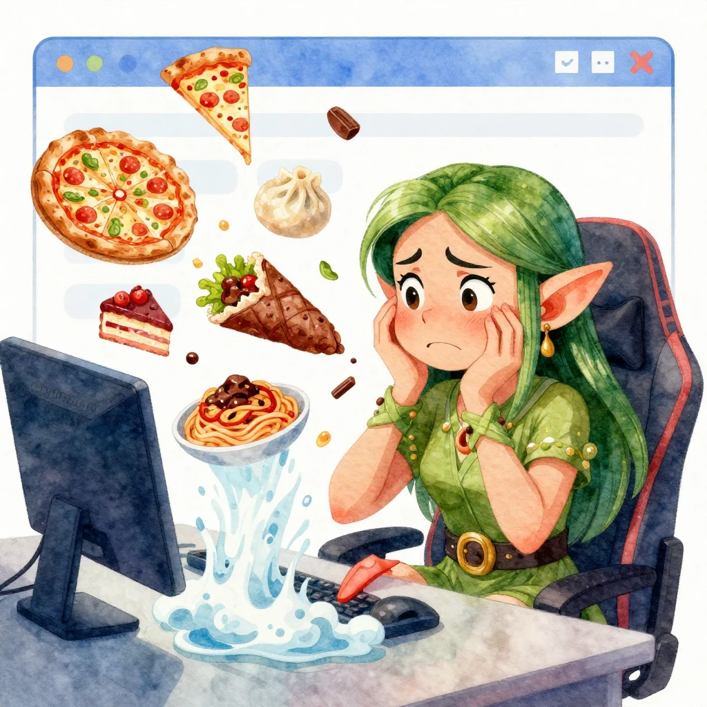 Vibrant watercolor style. An elf streamer looking comically ...