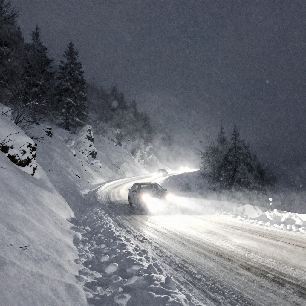 A winding, snow-covered mountain road at night, engulfed in ...
