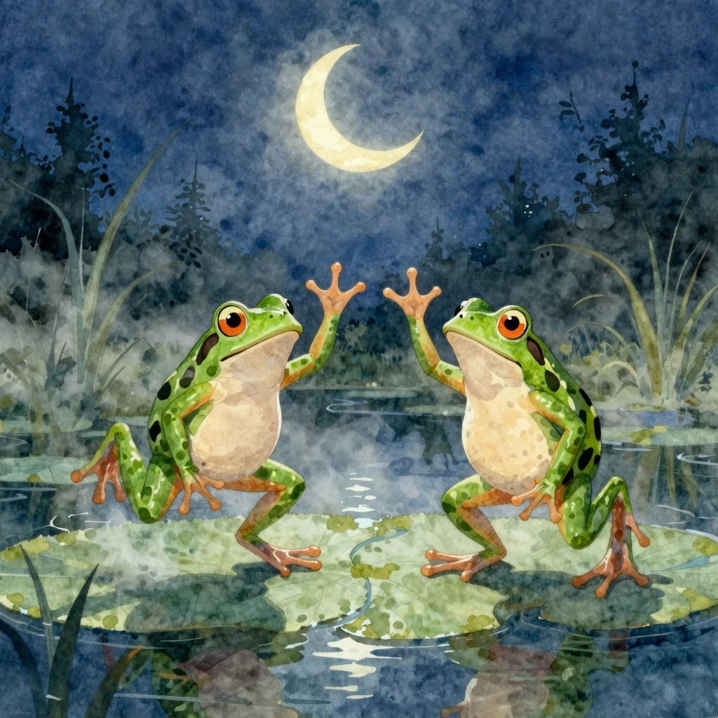 A vibrant watercolor painting of playful dancing frogs by a ...