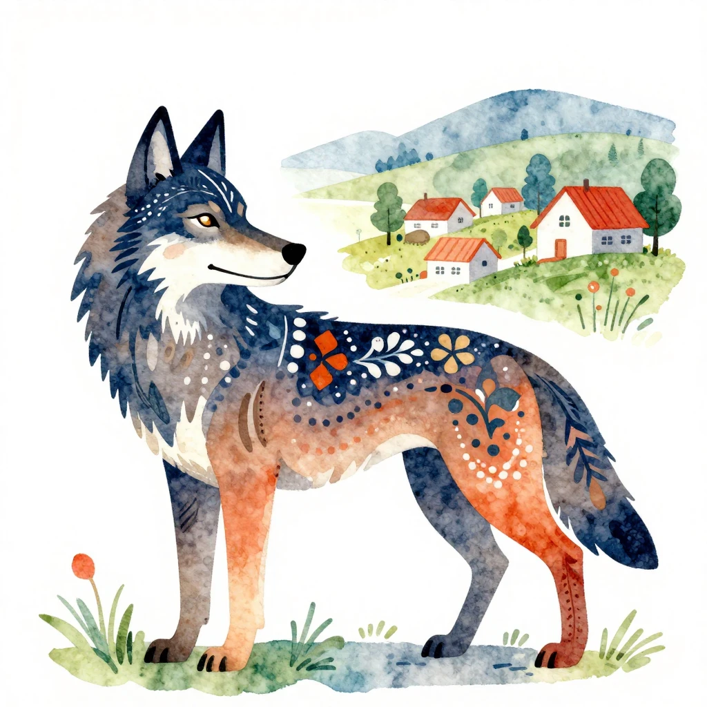 A vibrant watercolor folk art illustration of a stylized Tam...