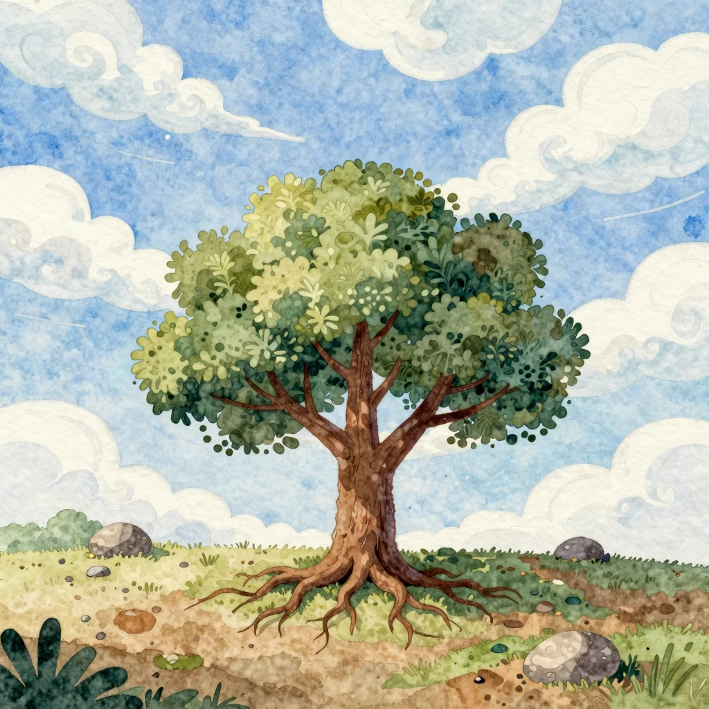 Vibrant watercolor folk art illustration: a timeless landsca...