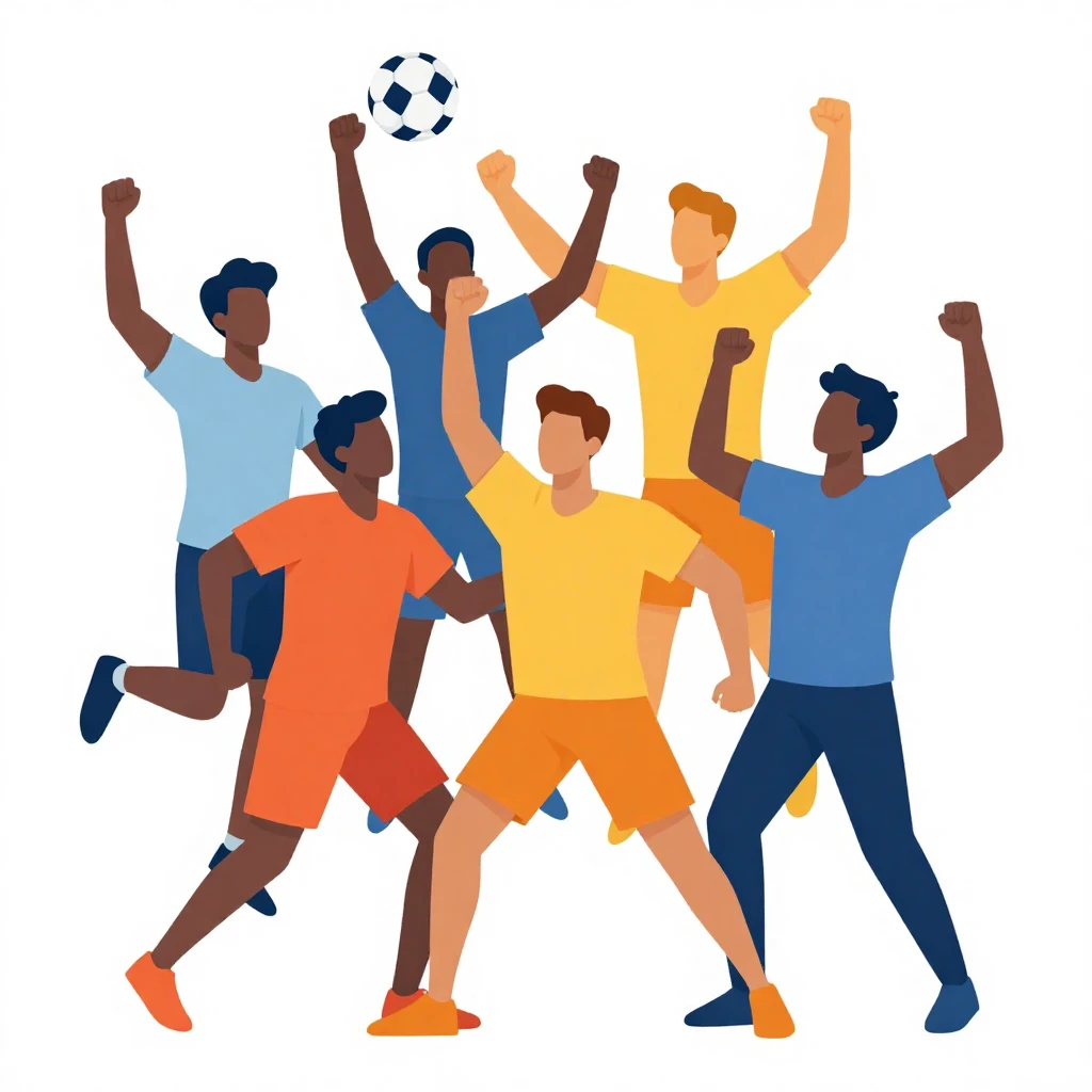 A group of stylized figures in dynamic motion, celebrating a...