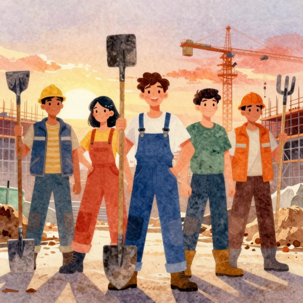 Vibrant watercolor illustration of young people in work unif...