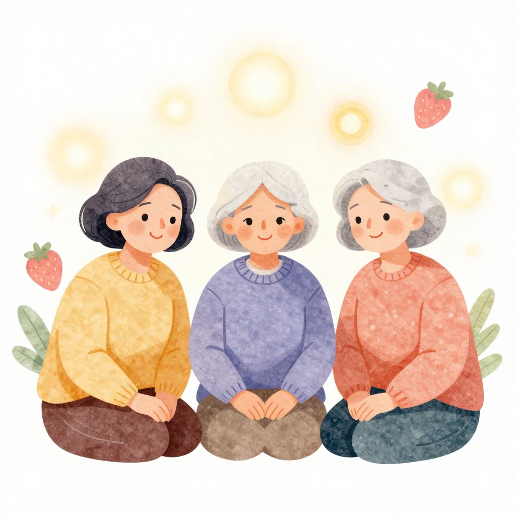 Watercolor style illustration of three older women sitting t...