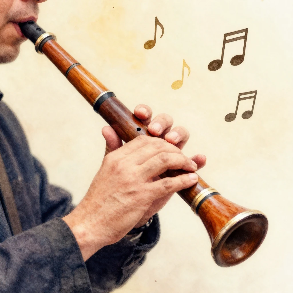 A close-up of an Armenian duduk being played, with soft, war...