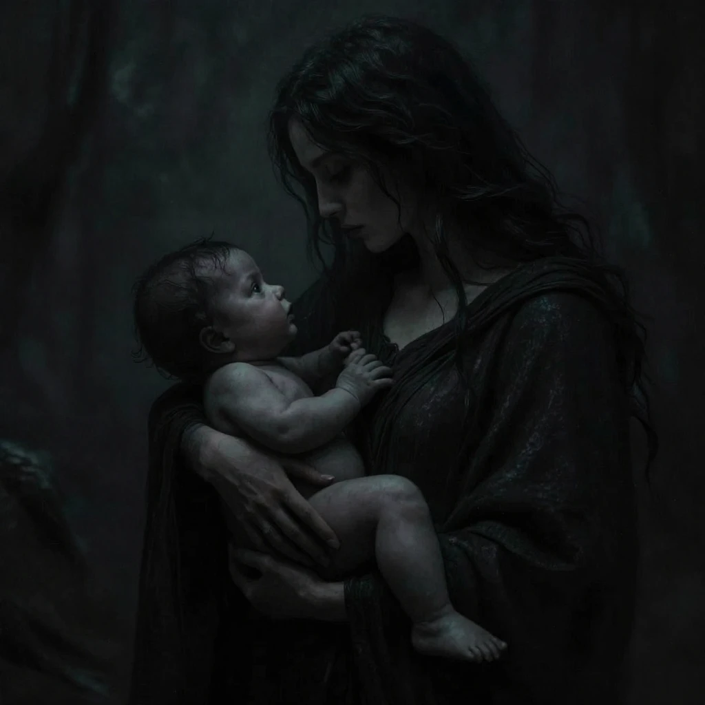 A dark, mystical woman holding a shadowy infant, depicted wi...